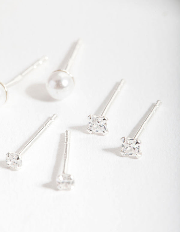 Sterling Silver Cubic Zirconia Pearl Stud Earring 3 Pack