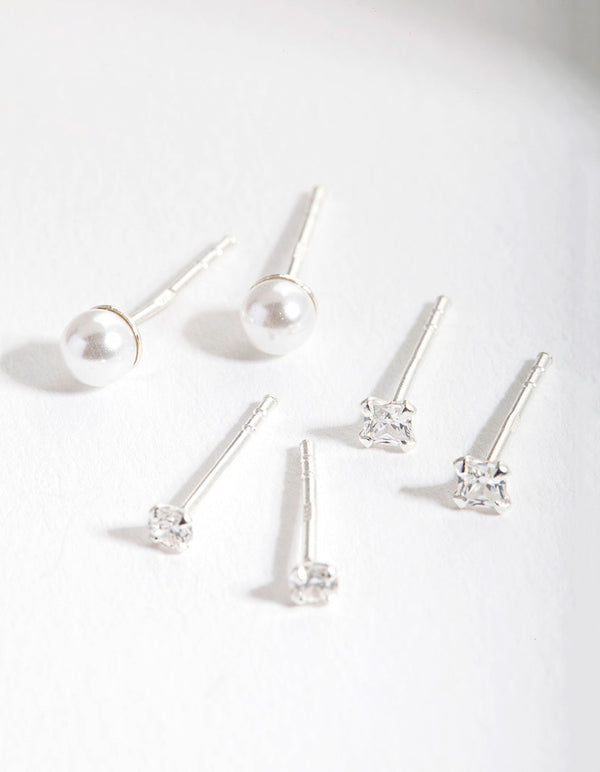 Sterling Silver Cubic Zirconia Pearl Stud Earring 3 Pack