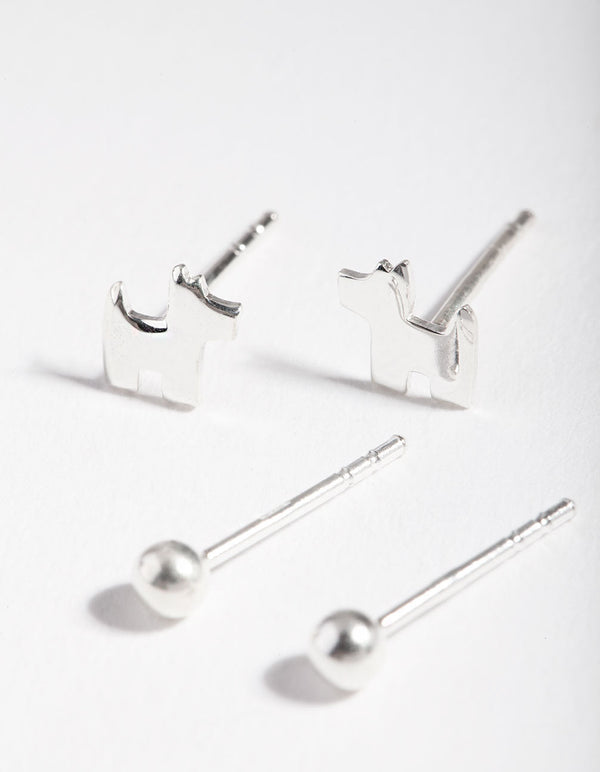 Sterling Silver Ball Dog Stud Earring 2 Pack