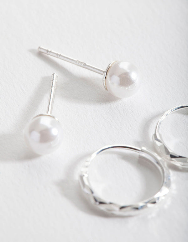 Sterling Silver Pearl Stud Hoop Earring 2 Pack