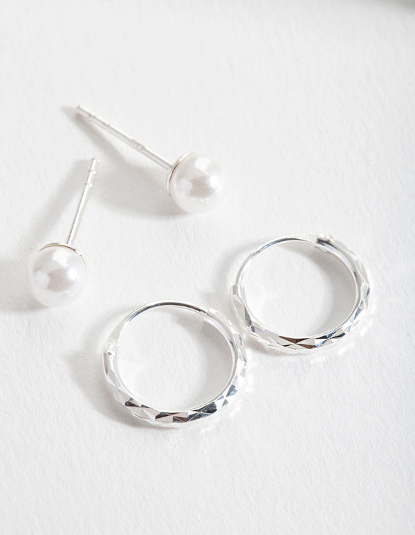 Sterling Silver Pearl Stud Hoop Earring 2 Pack