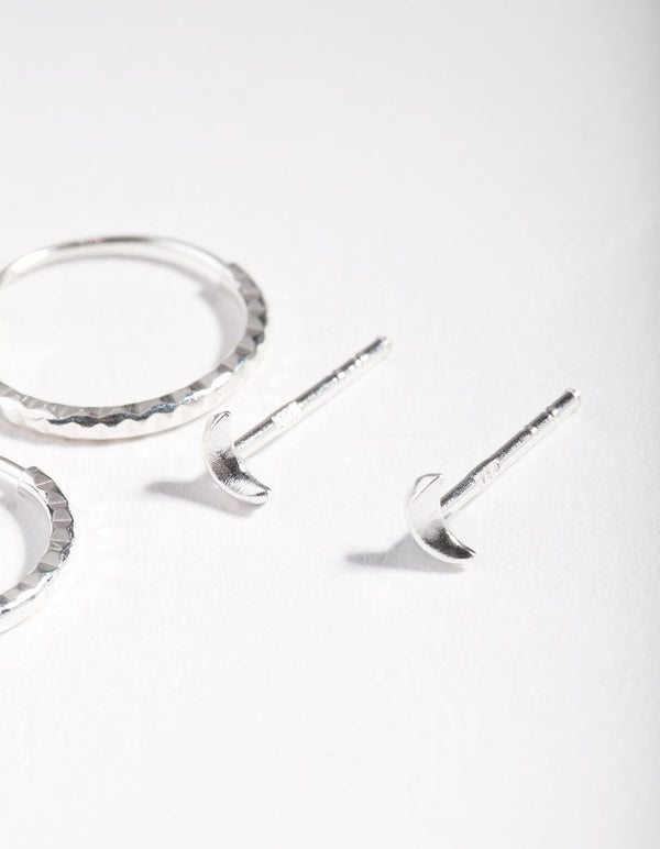 Sterling Silver Moon Stud Hoop Earring 2 Pack