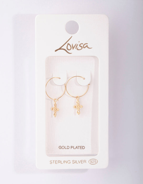 Gold Plated Sterling Silver Filigree Cross Hoop Earrings