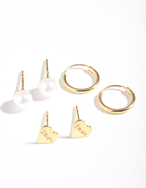 Gold Plated Sterling Silver Love Hoop Stud Earring Pack