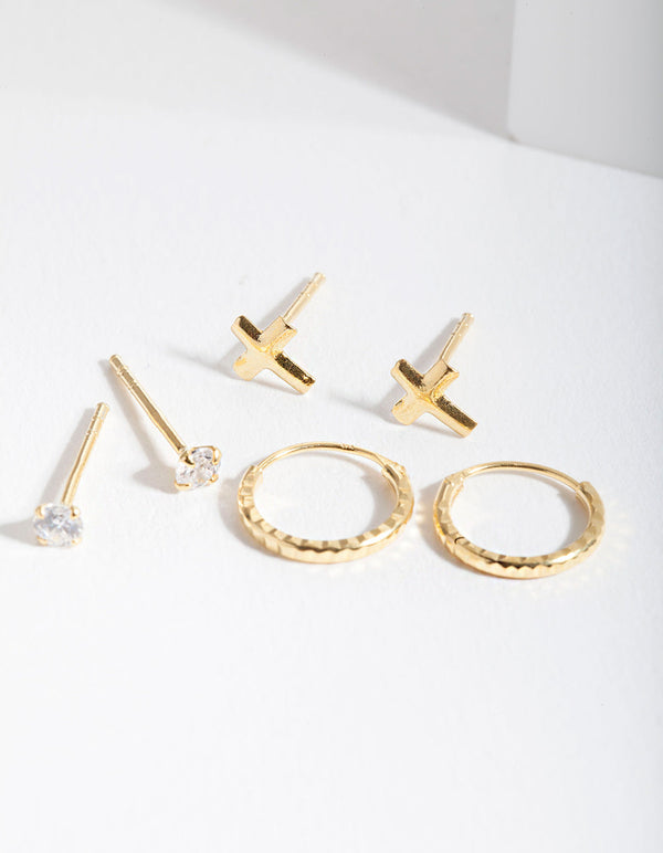 Gold Plated Sterling Silver Cubic Zirconia Cross Earring 3 Pack