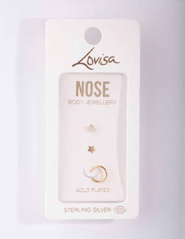 Gold Plated Sterling Silver Star Nose Jewellery 3 Pack