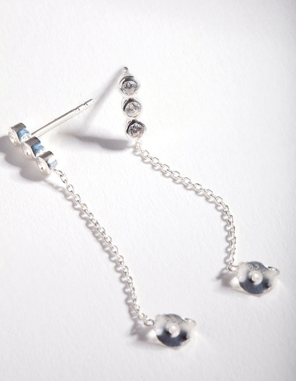 Sterling Silver Triple Cubic Zirconia Chain Stud Earrings