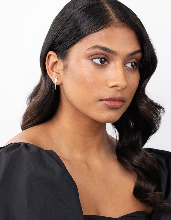 Sterling Silver Triple Cubic Zirconia Chain Stud Earrings