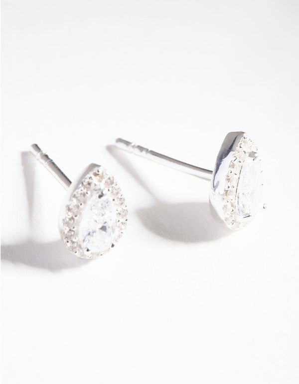 Sterling Silver Cubic Zirconia Pear Halo Stud Earrings