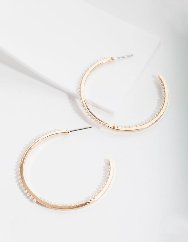 Gold Thin Pearl Hoop Earrings