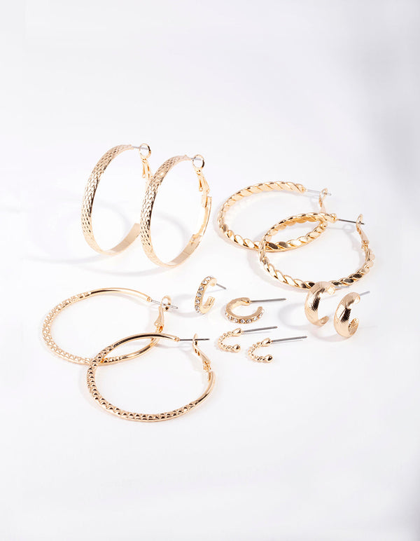 Gold Etched Twist Hoop Earring 6 Pack