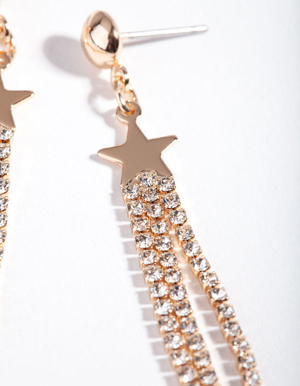 Gold Mini Star Diamante Tassel Earrings