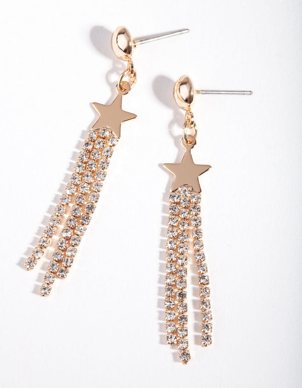 Gold Mini Star Diamante Tassel Earrings