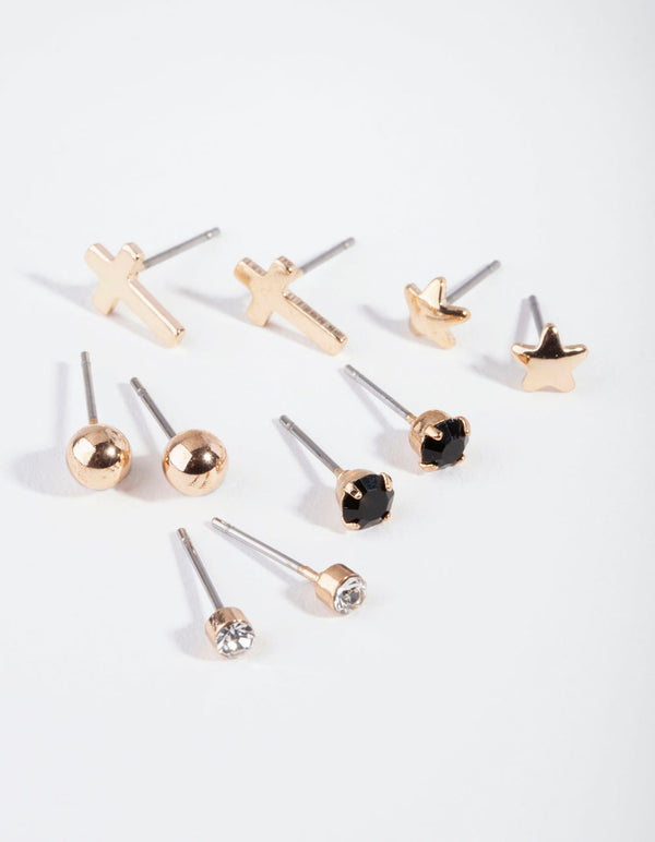 Gold Cross & Ball Stud Earring Pack