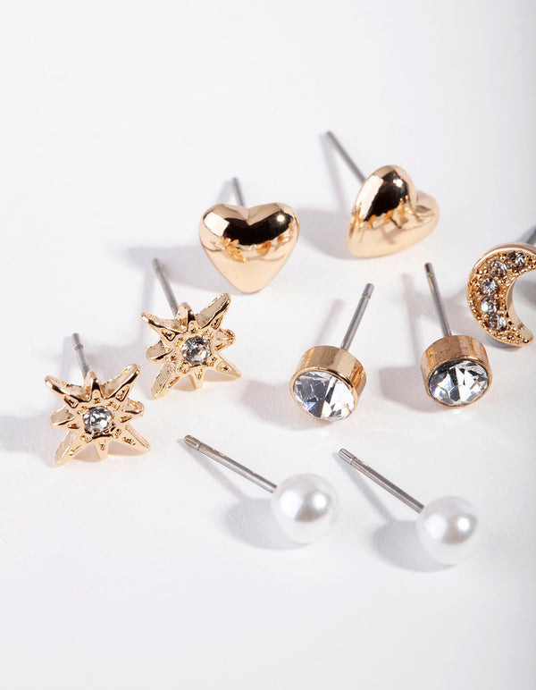 Gold Star & Moon Stud Earring 5 Pack