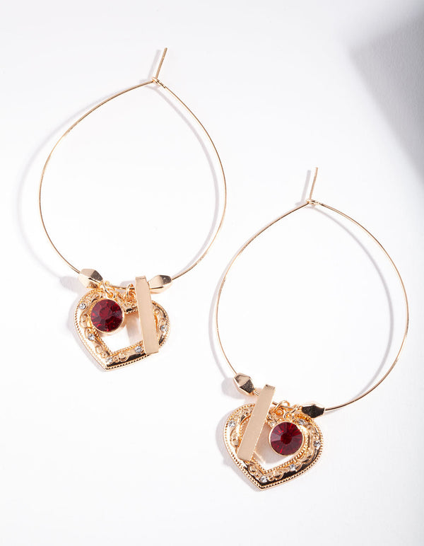 Gold Red Heart Charm Hoop Earrings
