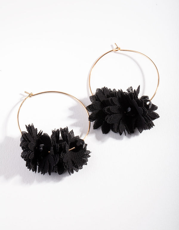 Gold Black Fabric Flower Hoop Earrings