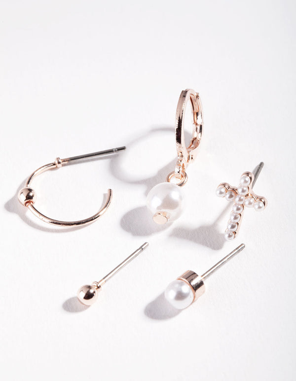 Rose Gold Pearl Cross Ear Stack