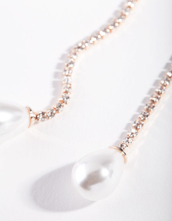 Rose Gold Diamante Chain Pearl Earrings