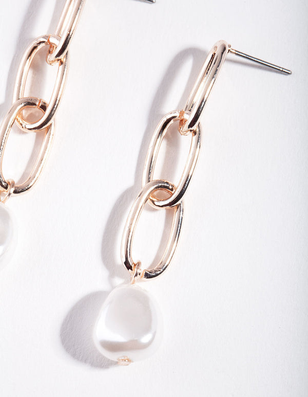 Rose Gold Pearl Chain Link Drop Earrings