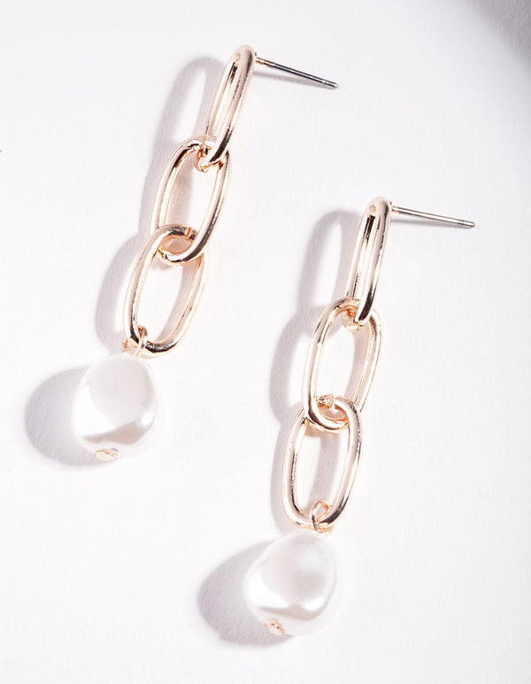 Rose Gold Pearl Chain Link Drop Earrings