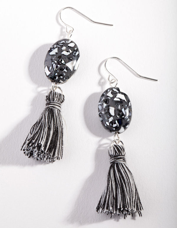 Silver Black White Marble Earrings