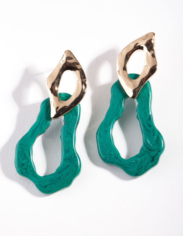 Gold Green Molten Acrylic Drop Earrings