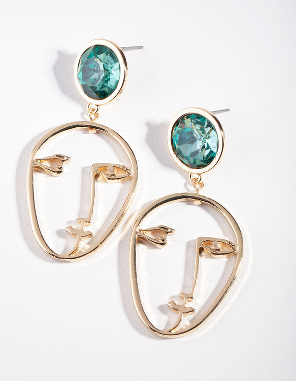 Gold Green Gem Face Earrings