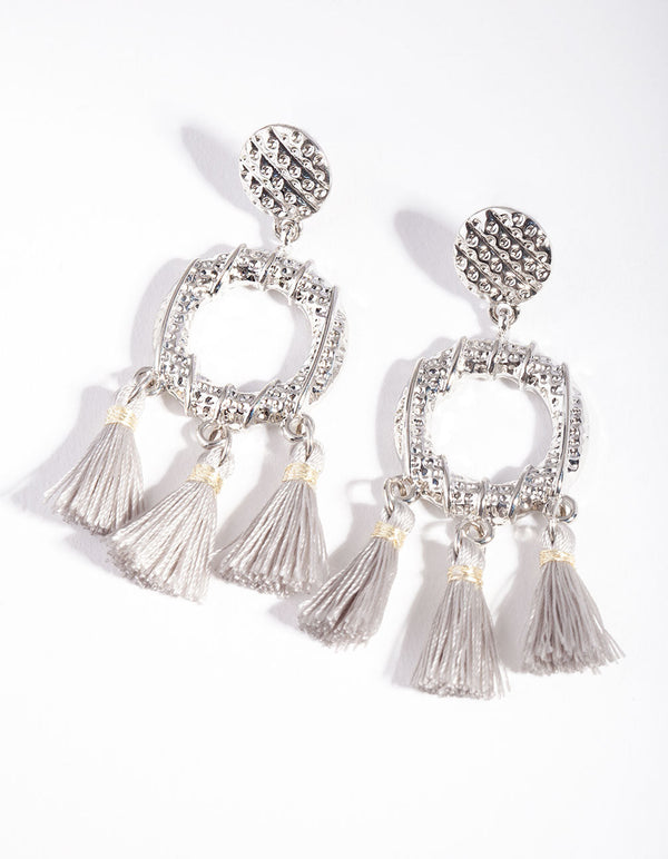 Rhodium Textured Tassel Earrings