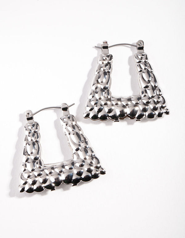 Rhodium Textured Trapeze Hoop Earrings
