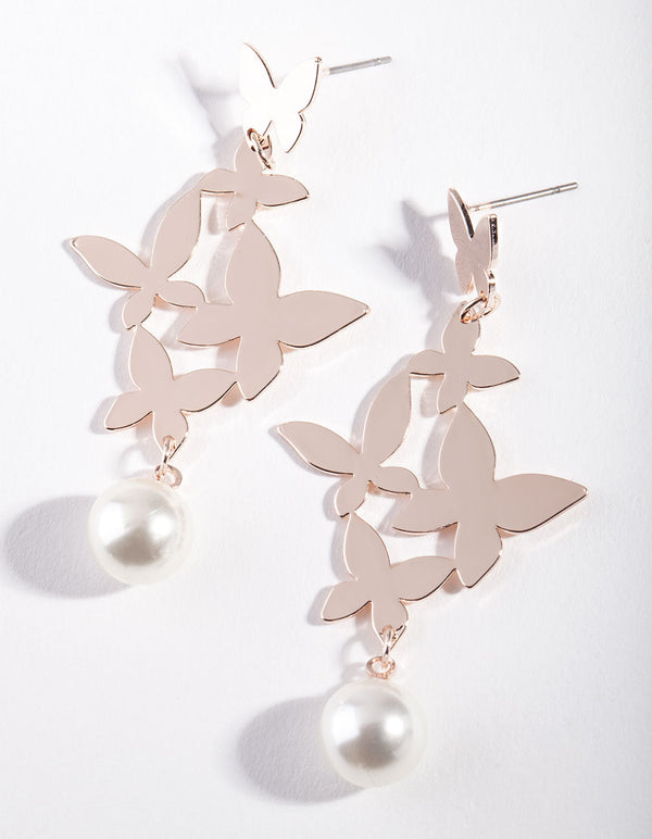 Rose Gold Pearl Butterfly Drop Earrings