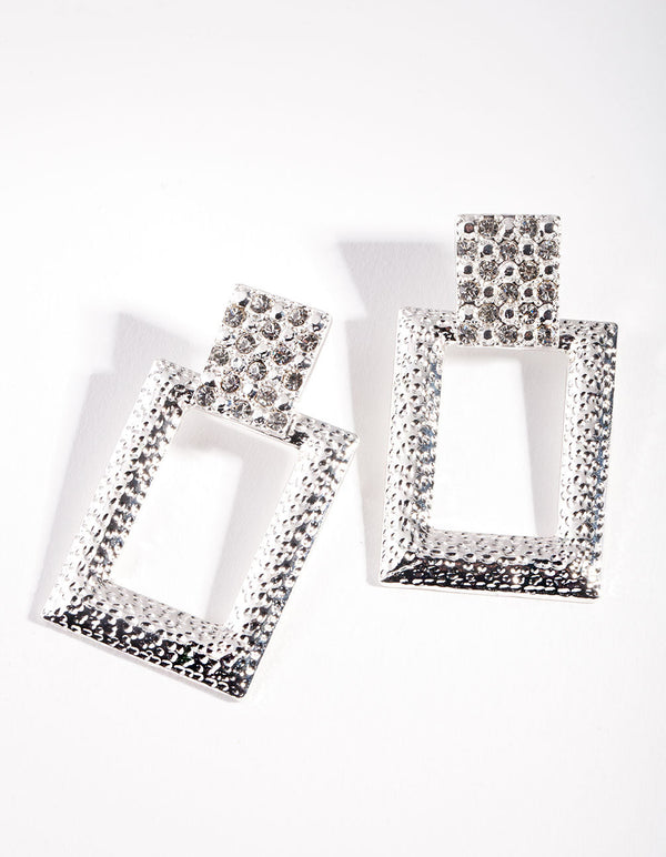 Silver Diamante Rectangle Drop Earrings