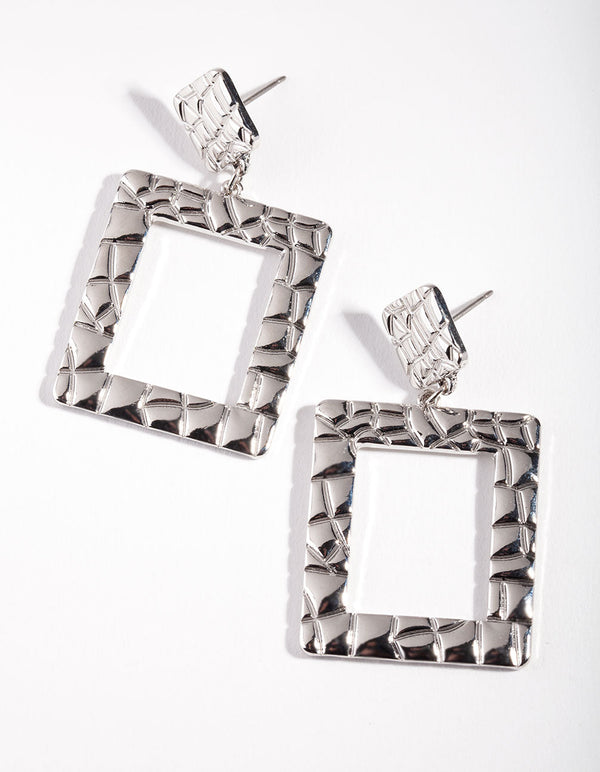 Rhodium Textured Square Earrings