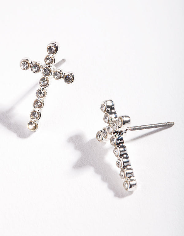 Silver Diamante Cross Stud Earrings