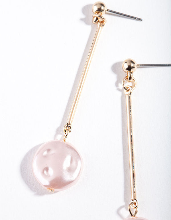 Gold Pink Pearl Bar Drop Earrings