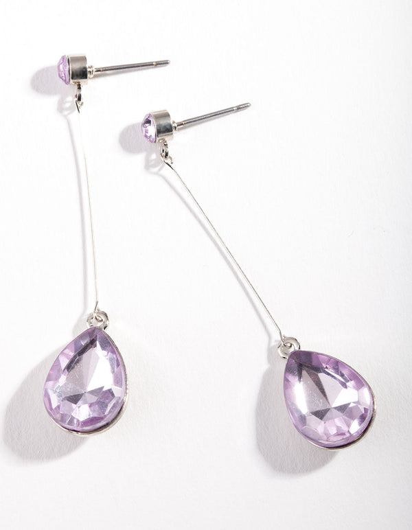 Rhodium Bar Purple Teardrop Stone Earrings