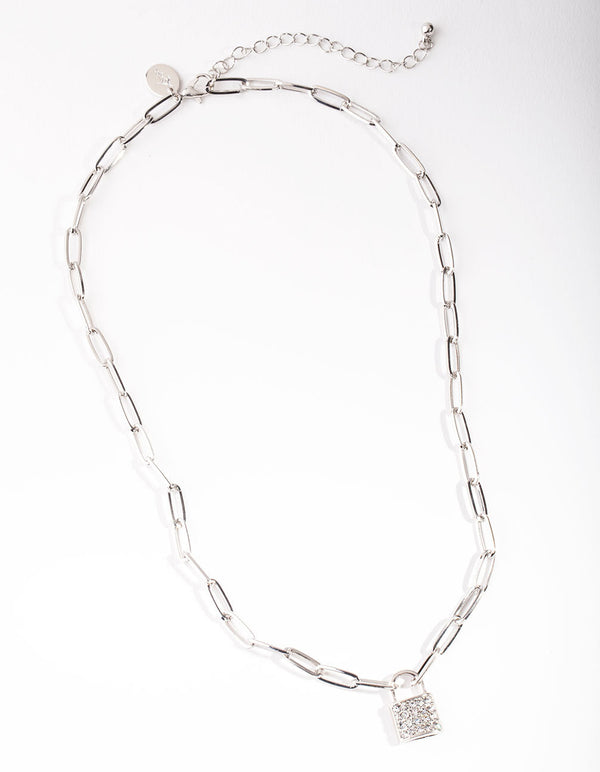 Rhodium Diamante Padlock Chain Necklace