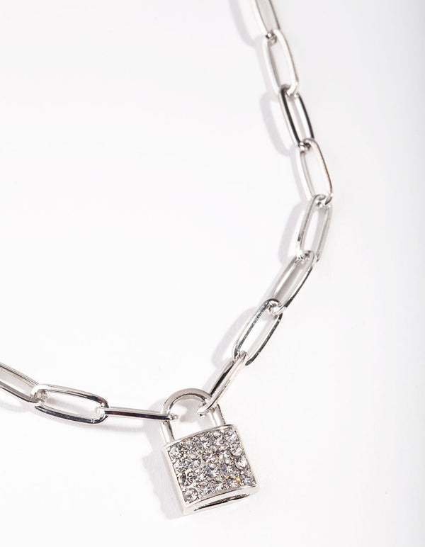 Rhodium Diamante Padlock Chain Necklace