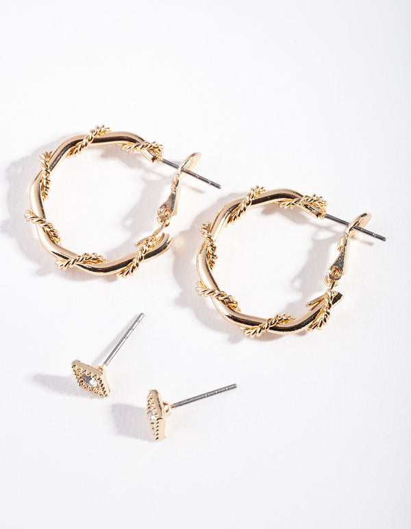 Gold Twist Rope Hoop Earring 2 Pack