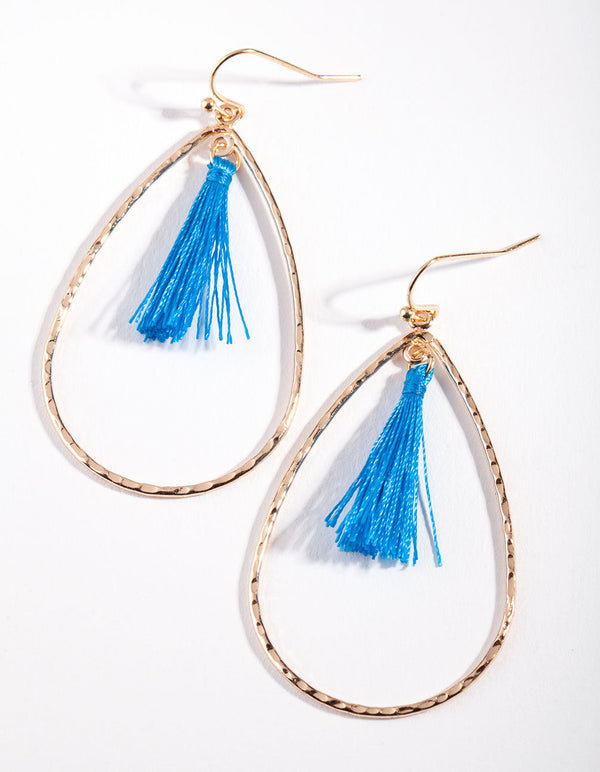 Gold Blue Tassel Textured Loop Earrings