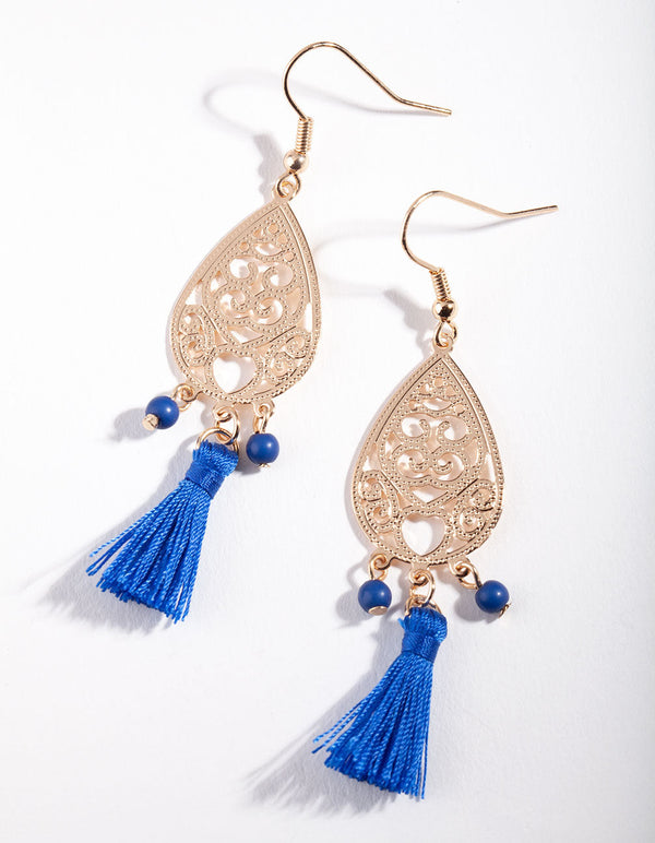 Gold Cut-Out Triple Blue Tassel Earrings
