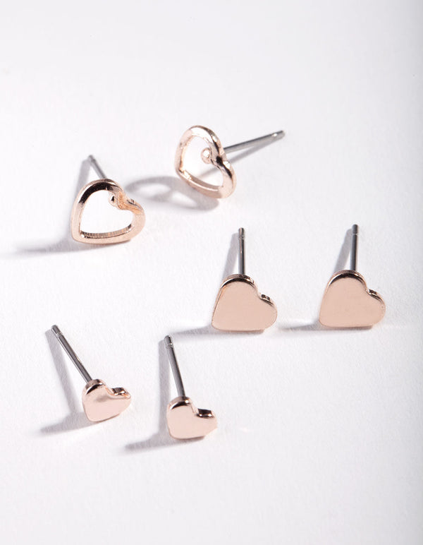Rose Gold Mixed Heart Stud Earring 3 Pack