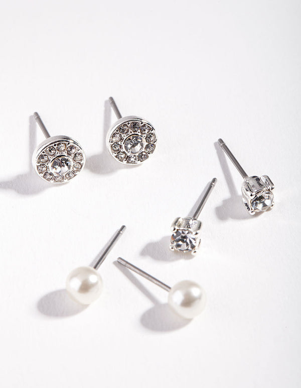 Silver Pearl Mixed Diamante Earring 3 Pack