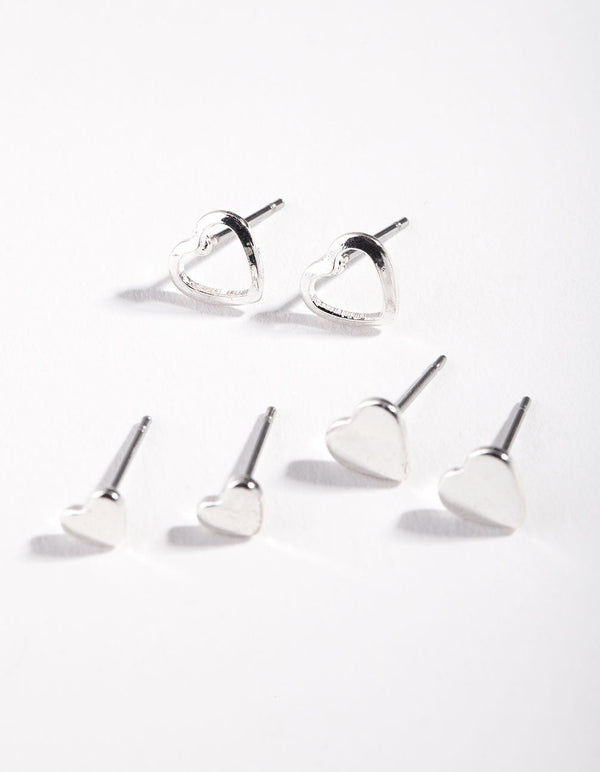 Silver Mixed Heart Stud Earring 3 Pack