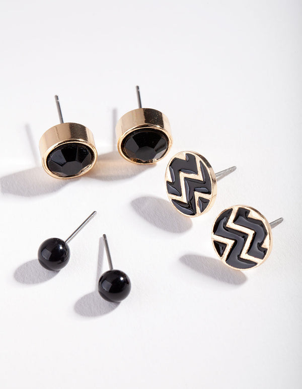 Gold Black Chevron Stud Earring 3 Pack