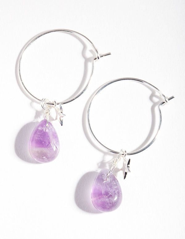 Sterling Silver Amethyst Celestial Charm Hoop Earrings