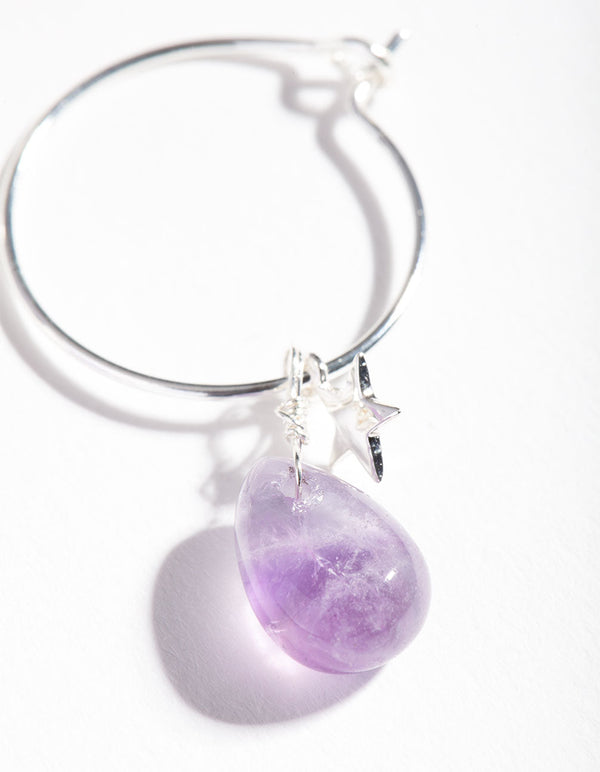 Sterling Silver Amethyst Celestial Charm Hoop Earrings