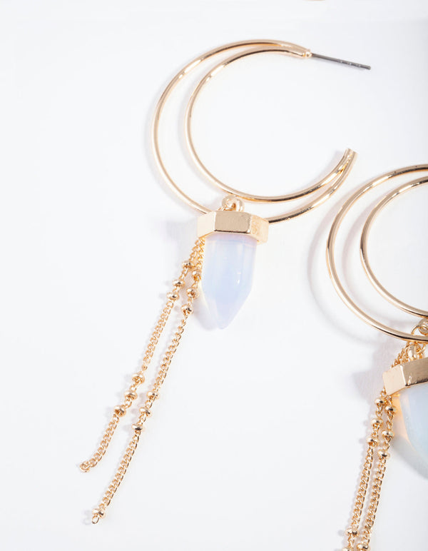 Gold Tassel Hoop Moonstone Drop Earrings