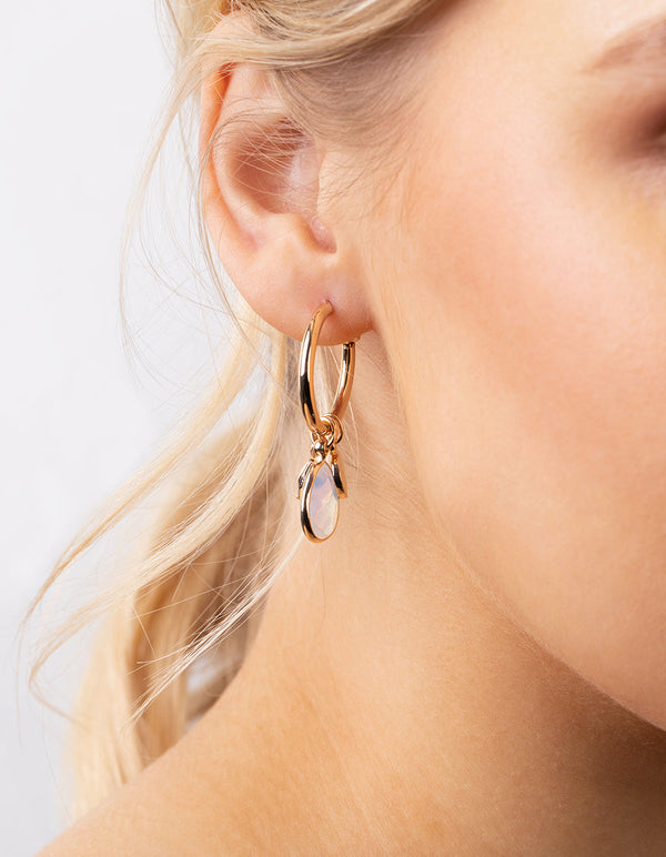 Gold Moonstone Charm Drop Hoop Earrings