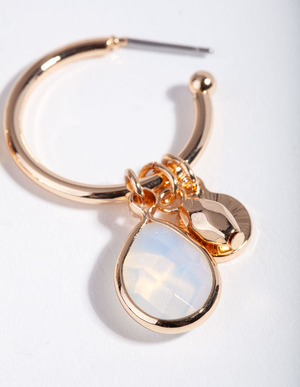 Gold Moonstone Charm Drop Hoop Earrings